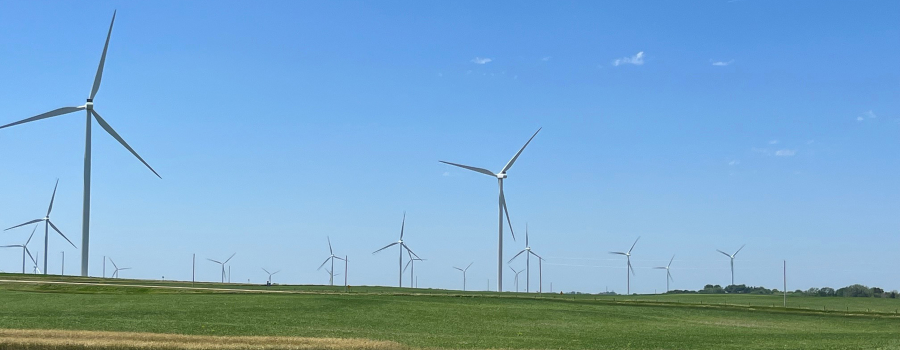 Multiple wind turbines in a green field with a blue sky