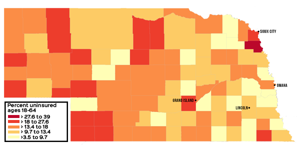 Mapa de Nebraskans que es troben en la bretxa de cobertura, per comarques