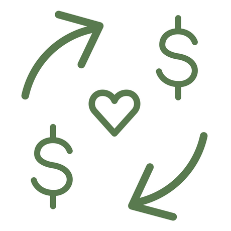 Il·lustració de signes de dòlar amb fletxes entre, i cor al centre