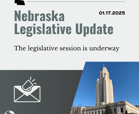 Grey graphic that says "Nebraska Legislative Update" and "01.17.2025" on the top, then "Prairie Beacon - Nebraska's legislative session is underway" with a photo of the Nebraska State Capitol building in the lower right hand corner, and an image of an envelope and a megaphone in the lower lefthand corner 