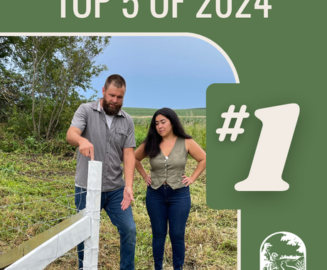 Graphic that says "Top 5 of 2024 #1" with a photo: A man and woman stand in a field at a fence post corner. The fence post is made of a recycled wind turbine blade, and is white.