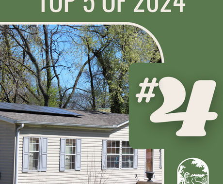 Graphic that says "Top 5 of 2024 #4" and a photo: off-white colored one-story house with two solar panels on the roof