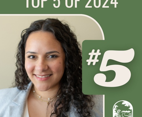 Image that says "Top 5 of 2024 #5", and a photo: Latina woman with curly black shoulder length hair, wearing a grey business jacket with a white shirt underneath and necklaces smiles to the camera