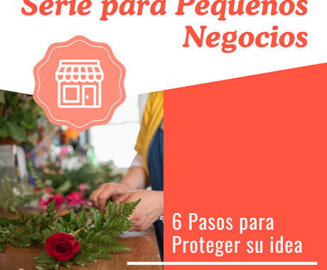 Grafico que dice "Serie de Pequeños Negocios" arriba amb una foto d'una mà arreglant una rosa roja en una taula. Al lado derecho de la imagen dice "6 passos per protegir la seva idea"