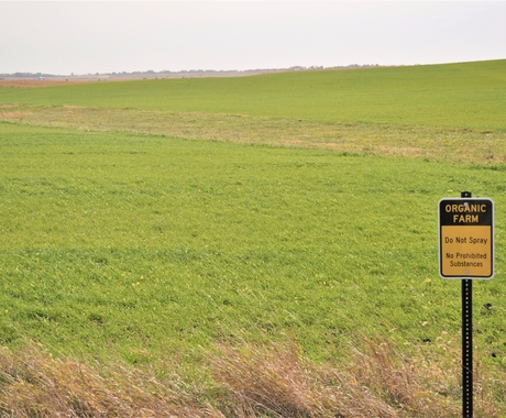 Camp de granja amb un cartell que diu granja ecològica: no ruixeu