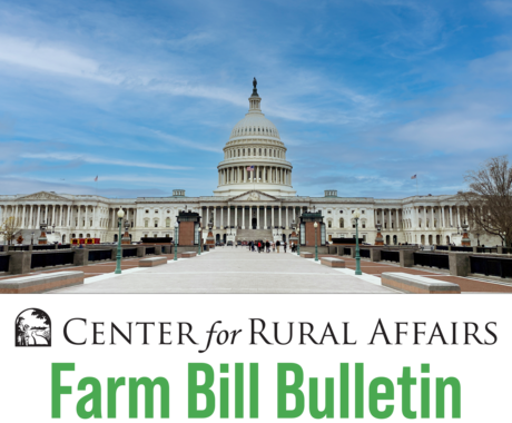 Edifici del Capitoli dels EUA amb cel blau al fons, capçalera Farm Bill Bulletin