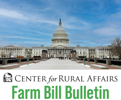 Edificio del Capitolio de EE. UU. con el cielo azul de fondo, encabezado del Farm Bill Bulletin