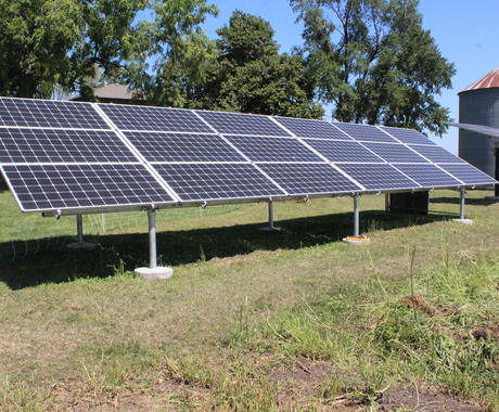 One solar array, with green grass underneath and a row of pine trees plus a grain bin behind