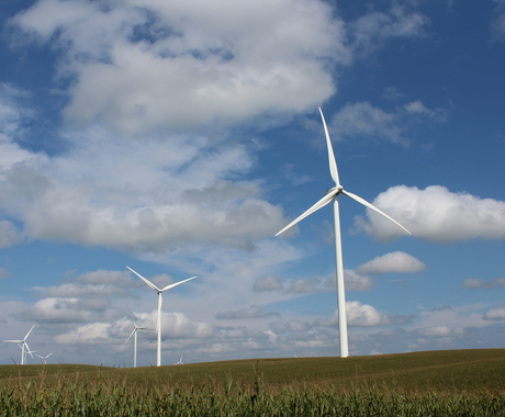 Wind turbines sit in a farm field with cloudy blue skies above.