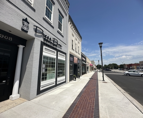 View of Main Street with buildings on the left and street on the right