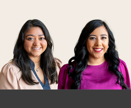 Photos of two women - both have brown skin, black hair, and are smiling directly at the camera. The one on the left is wearing a brown jacket over a blue shirt and the one on the right is wearing a longer sleeved purple shirt.