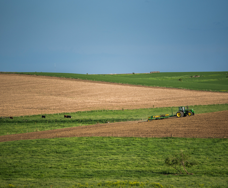 A farm field with a tractor planting crops in the distance
