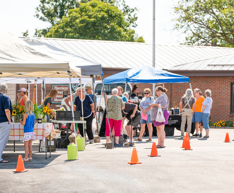 Three tents set up in a parking lot, set off by orange cones. Many people of all ages shopping at tables underneath the tents.