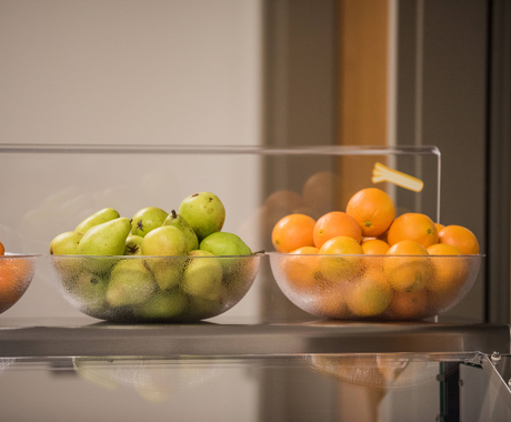 Fruit in clear glass bowls