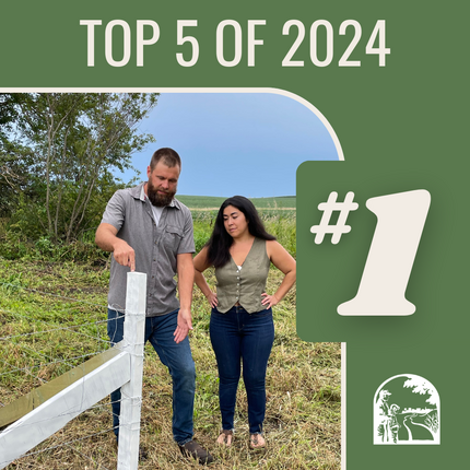 Graphic that says "Top 5 of 2024 #1" with a photo: A man and woman stand in a field at a fence post corner. The fence post is made of a recycled wind turbine blade, and is white.