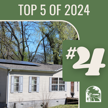 Graphic that says "Top 5 of 2024 #4" and a photo: off-white colored one-story house with two solar panels on the roof