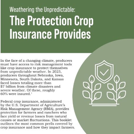 Booklet cover that says "Weathering the Unpredictable: The Protection Crop Insurance Provides"