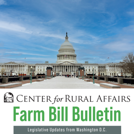 Edifici del Capitoli dels EUA amb cel blau al fons, capçalera Farm Bill Bulletin