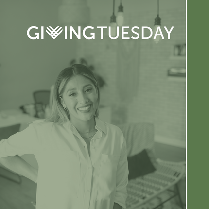 Woman standing in a salon with a green overlay on the photo and "Giving Tuesday" on top of the image