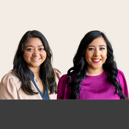 Photos of two women - both have brown skin, black hair, and are smiling directly at the camera. The one on the left is wearing a brown jacket over a blue shirt and the one on the right is wearing a longer sleeved purple shirt.