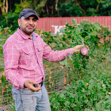 Man in a vegetable garden that is growing well, with large green plants, holding up a rutabega. Man has light brown skin, is wearing a blue ball cap, a pink plaid long-sleeved shirt, and jeans. 