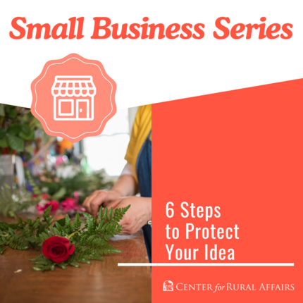 Gràfic que diu Small Business Series: 6 passos per protegir la teva idea amb una rosa posada sobre una taula de fusta, amb fulles verdes, i una dona amb camisa groga i blanca, amb davantal blau que treu fulles