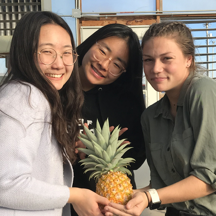 Tres estudiants de secundària amb una pinya